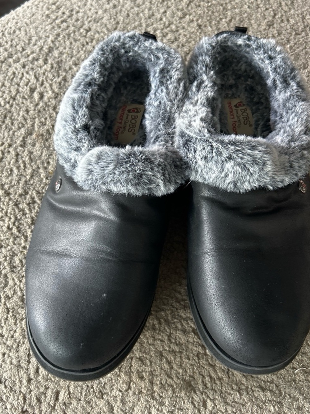 Skechers Kids Black Slip-On Slippers with Gray Faux Fur Collar